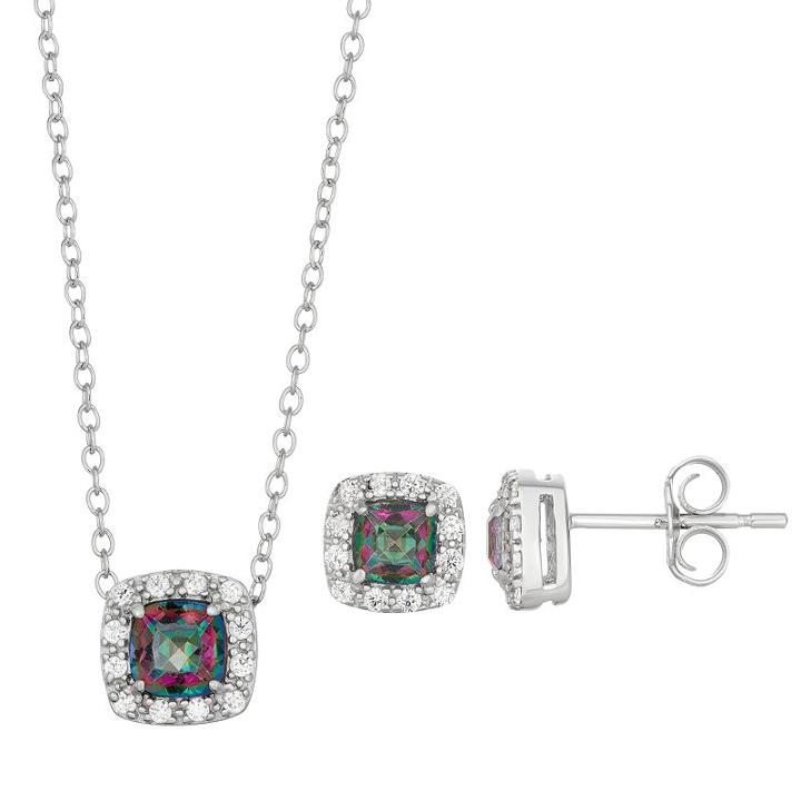 Sterling Silver Mystic Fire Topaz & Cubic Zirconia Cushion Halo Pendant & Stud Earring Set, Women's, Size: 18, Purple