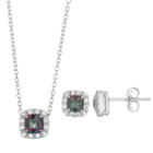 Sterling Silver Mystic Fire Topaz & Cubic Zirconia Cushion Halo Pendant & Stud Earring Set, Women's, Size: 18, Purple