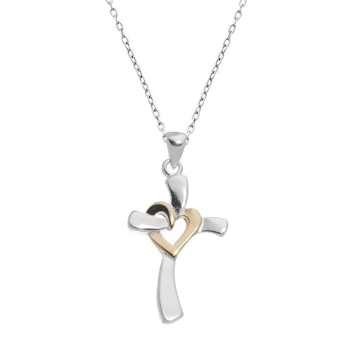 Sterling Silver Two-tone Heart Cross Pendant, Women's, Multicolor