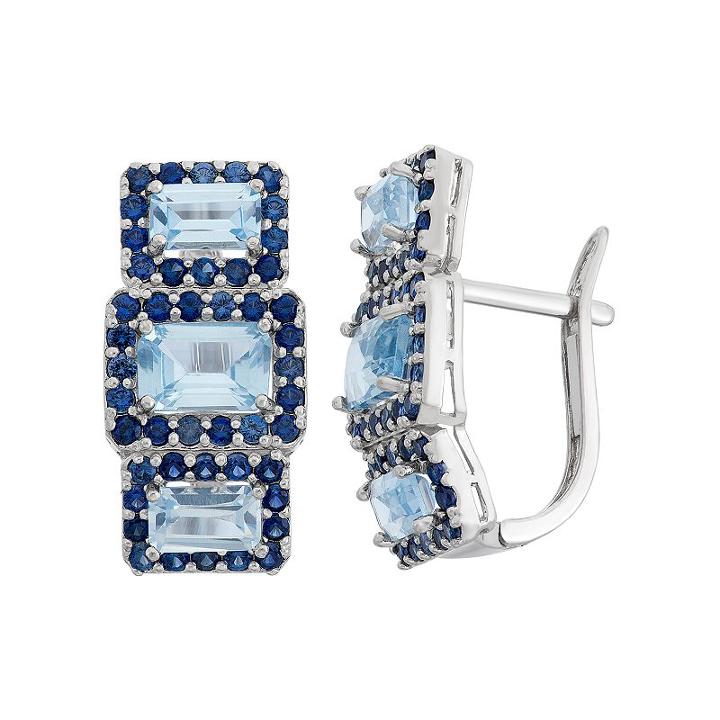 Lab-created Aquamarine And Lab-created Blue Sapphire Sterling Silver 3-stone Halo Drop Earrings, Women's