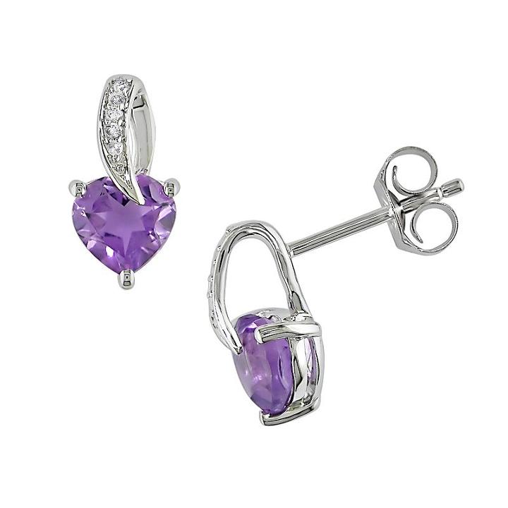 Sterling Silver Amethyst And Diamond Accent Heart Drop Earrings, Women's, Purple