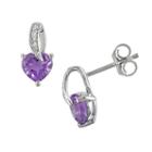 Sterling Silver Amethyst And Diamond Accent Heart Drop Earrings, Women's, Purple