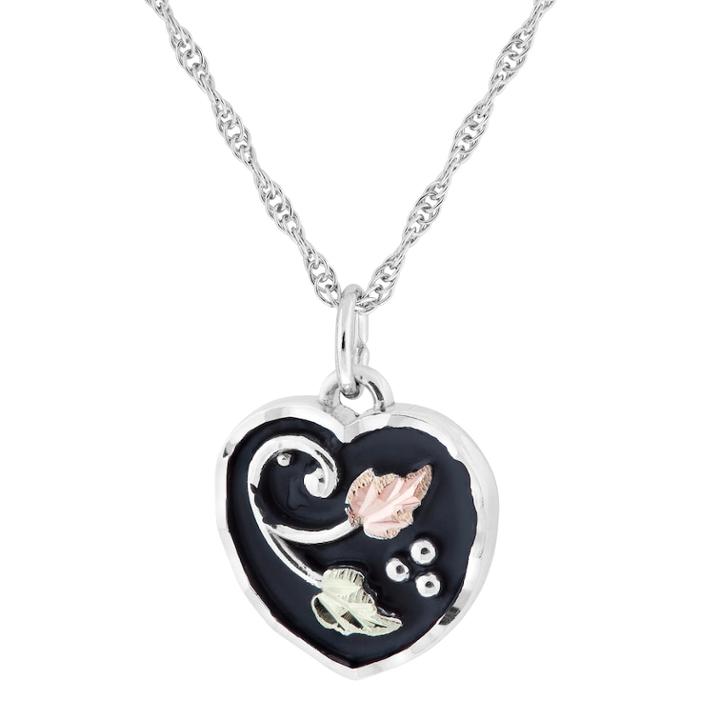 Black Hills Gold Tri-tone Black Powder Coat Heart Pendant Necklace In Sterling Silver, Women's, Size: 18, Grey