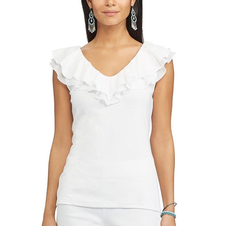 Women's Chaps Ruffled V-neck Top, Size: Medium, White