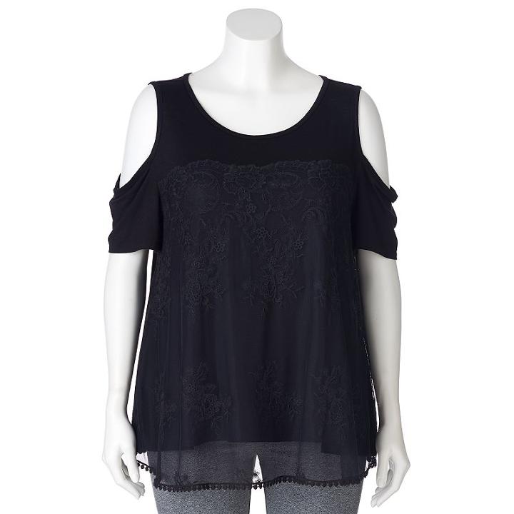 Juniors' Plus Size Iz Byer California Cold-shoulder Lace Trapeze Top, Girl's, Size: 1xl, Black