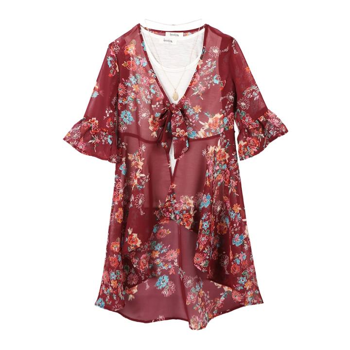 Girls 7-16 Speechless Floral Kimono With Necklace, Size: Xl, Med Red