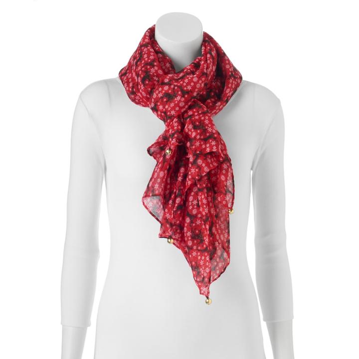 Reindeer, Snowflake & Jingle Bell Oblong Scarf, Women's, Red
