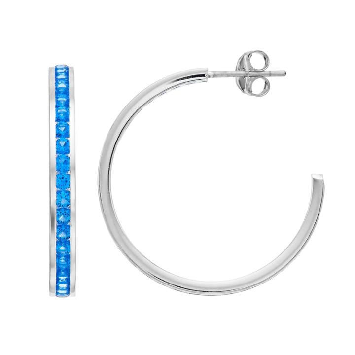 Traditions Sterling Silver Channel-set Blue Topaz Birthstone Hoop Earrings, Women's