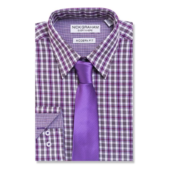 Men's Nick Graham Everywhere Modern-fit Dress Shirt And Tie Boxed Set, Size: M-34/35, Purple