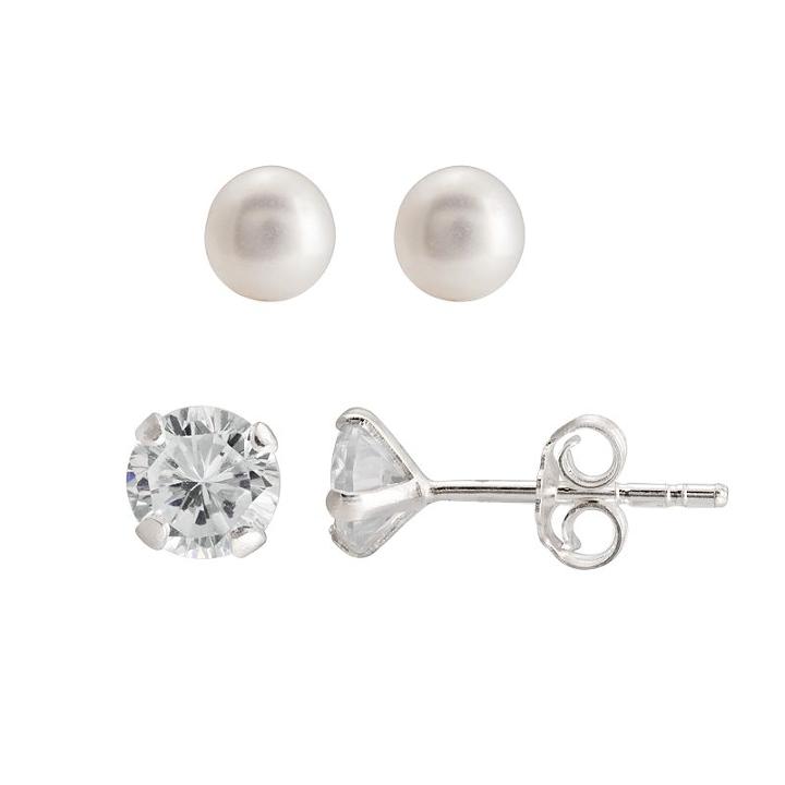 Sterling Silver Cubic Zirconia And Freshwater Cultured Pearl Stud Earring Set, Women's, White