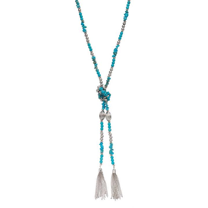 Simulated Turquoise Long Knotted Tassel Necklace, Women's, Turq/aqua