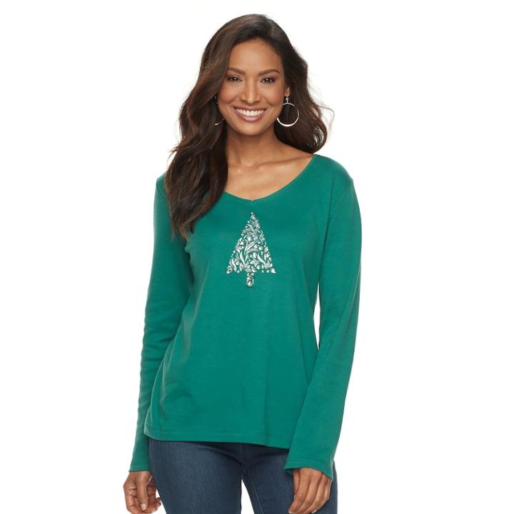 Women's Croft & Barrow&reg; Christmas V-neck Tee, Size: Large, Green