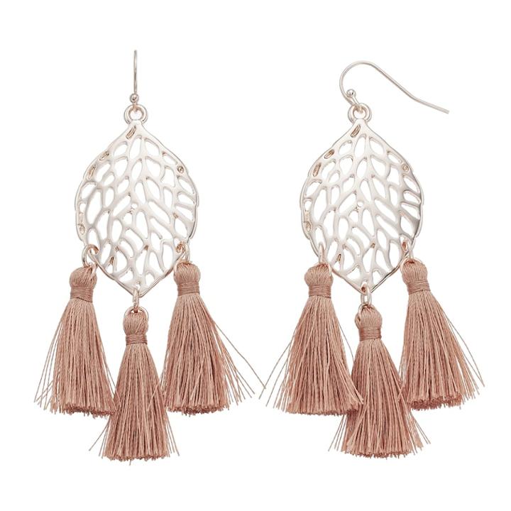 Openwork Leaf Tassel Nickel Free Drop Earrings, Women's, Light Pink