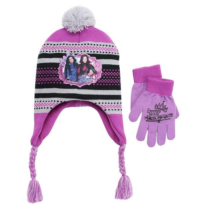 Disney's Descendants Mal Girls 4-16 Pom-pom Earflap Hat & Gloves Set, Girl's, Purple
