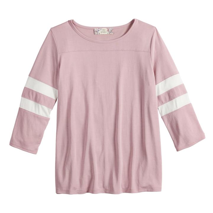 Girls' 7-16 & Plus Size Pink Republic Striped-sleeve Varsity Tee, Size: L Plus, Purple