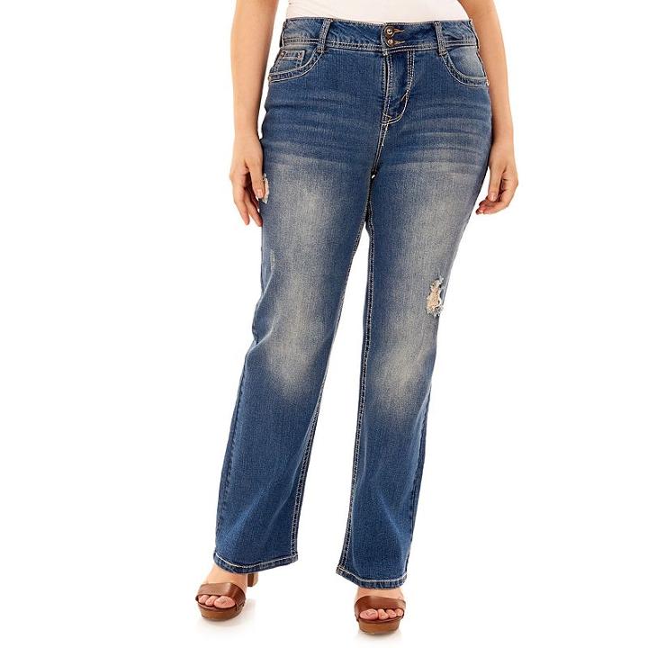 Juniors' Plus Size Wallflower Curvy Embellished Ripped Bootcut Jeans, Teens, Size: 14 W, Med Pink