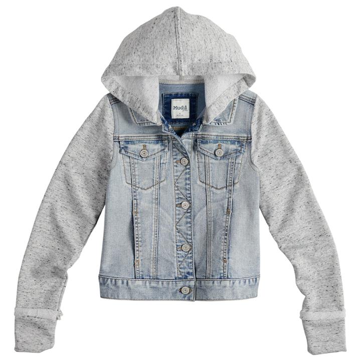Girls 7-16 Mudd&reg; Knit Sleeve Denim Jacket, Size: 14, Blue