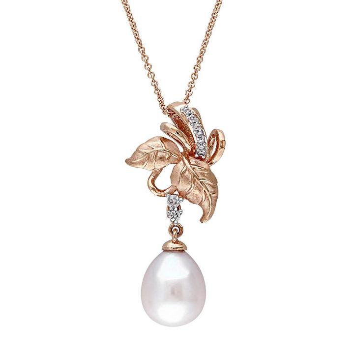 Laura Ashley 10k Rose Gold Freshwater Cultured Pearl & 1/10 Carat T.w. Diamond Leaf Pendant, Women's, Size: 17, Pink