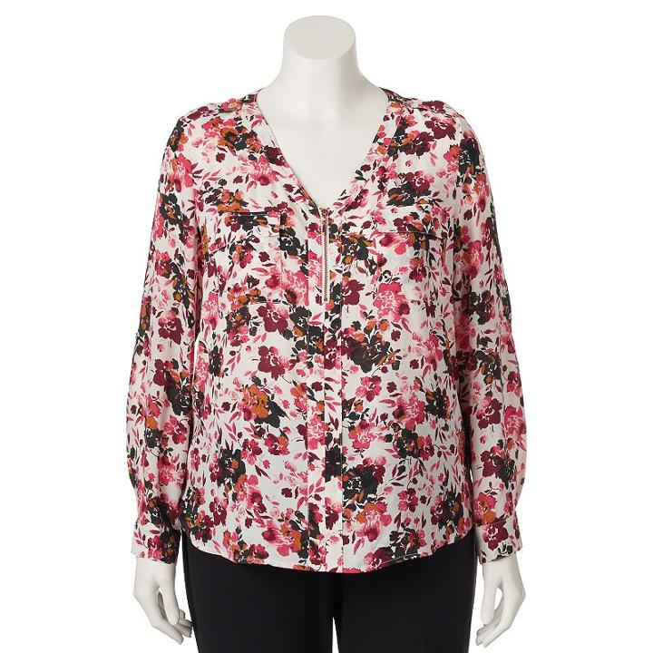 Juniors' Plus Size Candie's&reg; Zip-neck Roll-tab Top, Girl's, Size: 2xl, White Oth