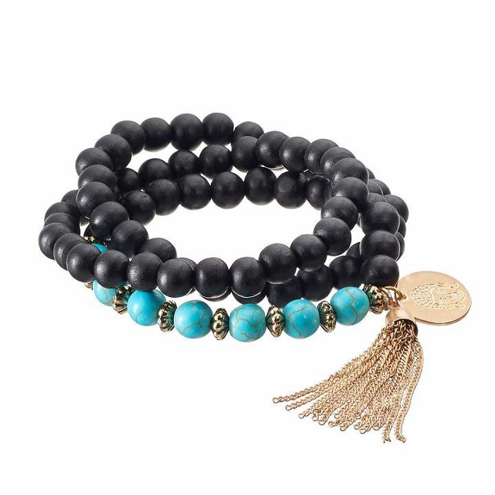 Black Bead Tassel Charm Multi Strand Bracelet, Women's