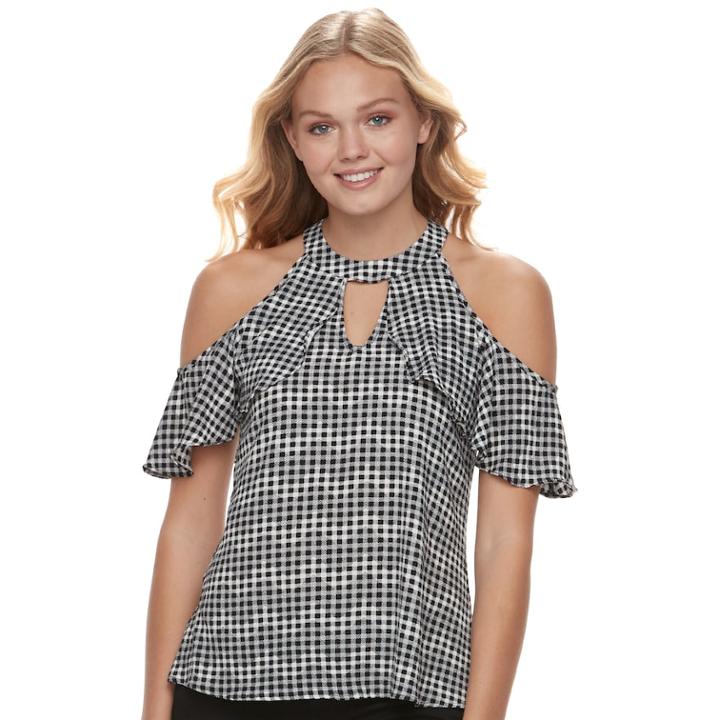 Juniors' Candie's&reg; Gingham Cold-shoulder Top, Size: Large, Oxford