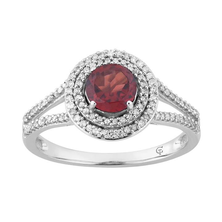 10k White Gold Garnet & 1/3 Carat T.w. Diamond Double Halo Ring, Women's, Size: 8, Red