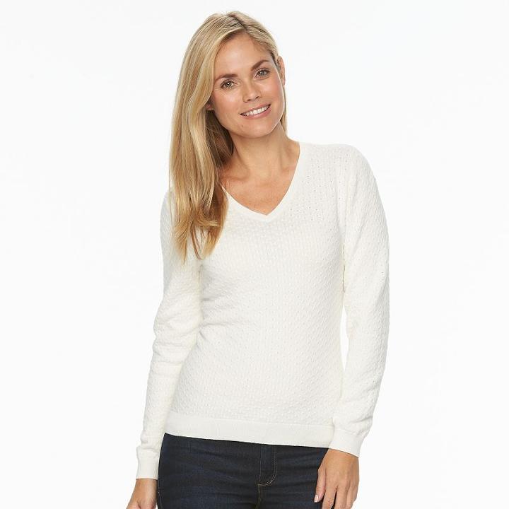 Petite Croft & Barrow&reg; Essential Textured V-neck Sweater, Women's, Size: Xl Petite, White