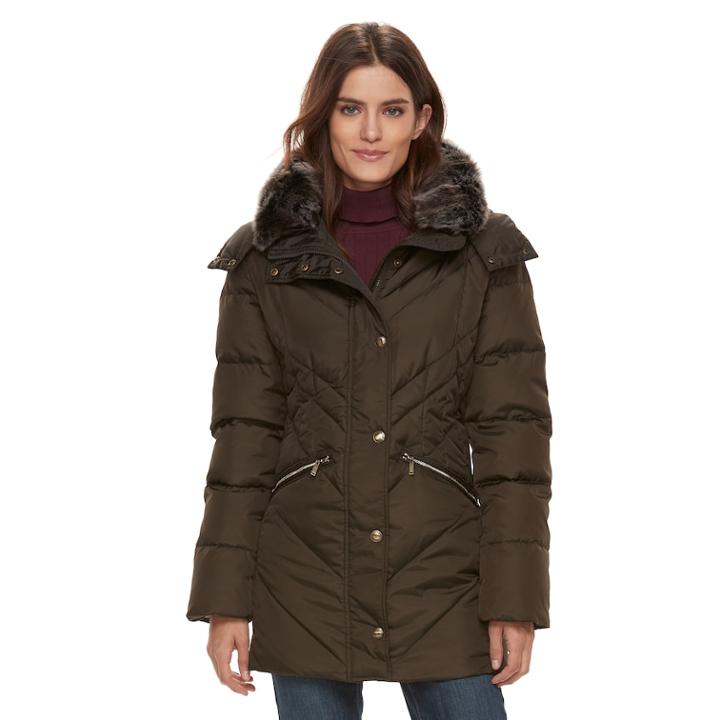 Women's Tower By London Fog Faux-fur Trim Puffer Coat, Size: Medium, Med Green
