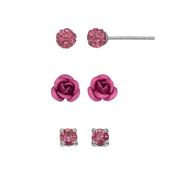 Silver Luxuries Silver Tone Crystal Fireball & Rose Stud Earring Set, Women's, Pink