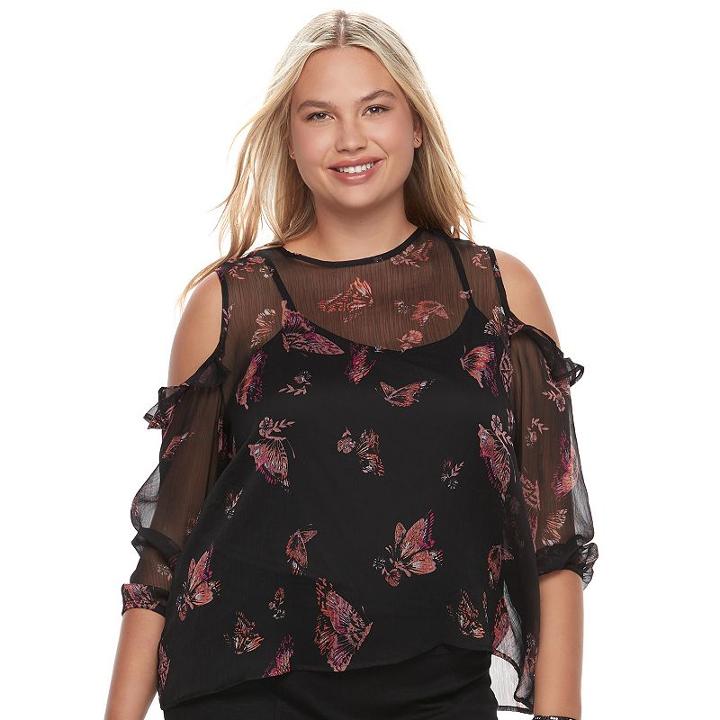 Juniors' Plus Size Mudd&reg; Ruffle Cold-shoulder Top, Teens, Size: 3xl, Black