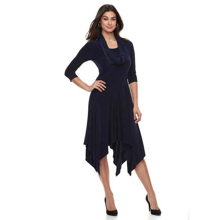 Women's Nina Leonard Handkerchief Fit & Flare Dress And Scarf Set, Size: Medium, Blue