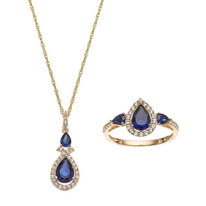10k Gold Lab-created Blue & White Sapphire Teardrop Halo Jewelry Set, Women's, Size: 8