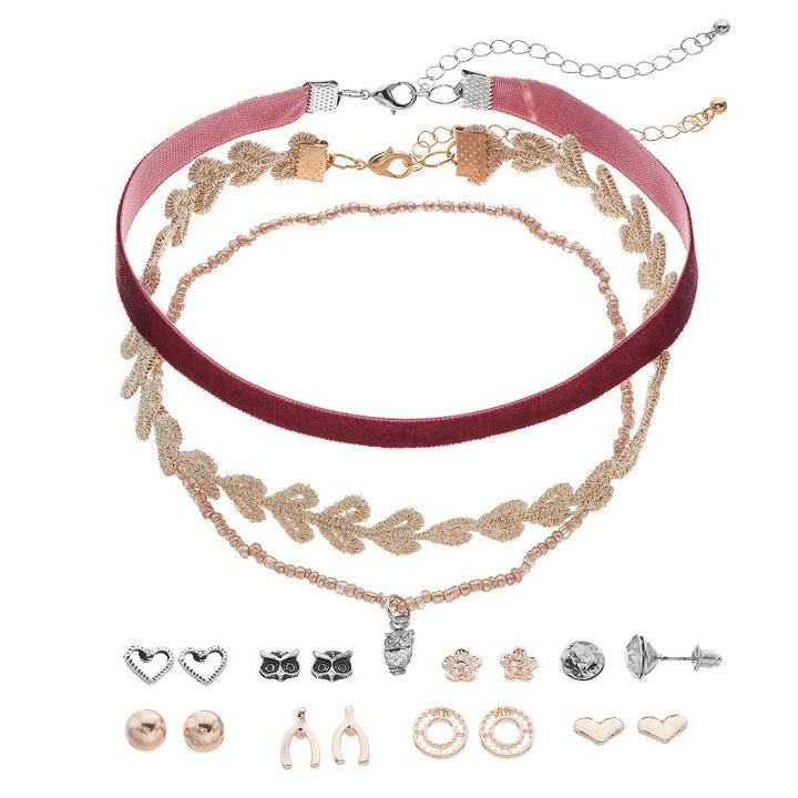 Mudd&reg; Owl Choker Necklace & Heart Stud Earring Set, Women's, Dark Red