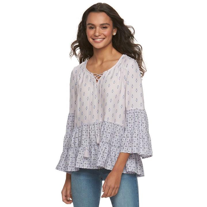 Juniors' Mudd&reg; Printed Lace-up Peasant Top, Girl's, Size: Xs, Brt Purple