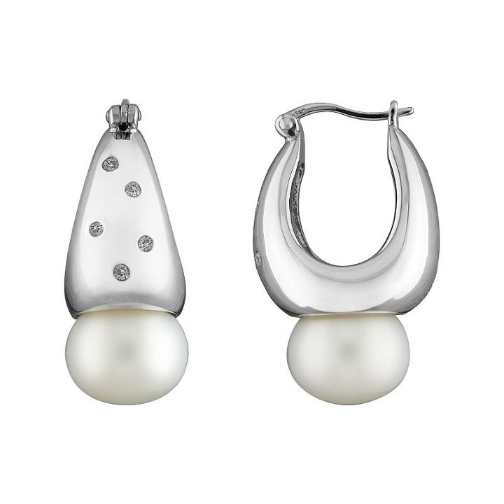 Sterling Silver Cultured Freshwater Pearl And Diamond Accent Hoop Earrings, Women's, White