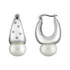 Sterling Silver Cultured Freshwater Pearl And Diamond Accent Hoop Earrings, Women's, White