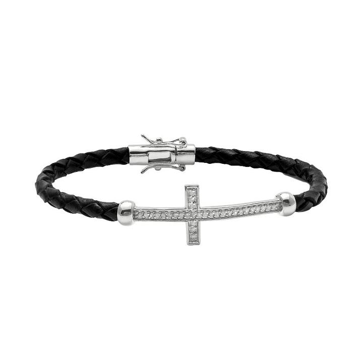Sterling Silver And Leather 1/4-ct. T.w. Round-cut Diamond Sideways Cross Bracelet, Women's, Size: 7.5, White