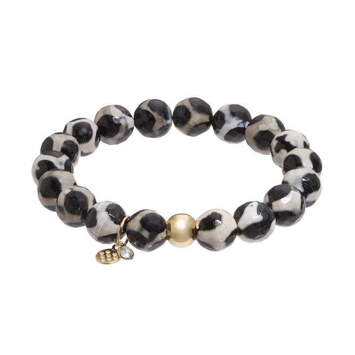 Tfs Jewelry 14k Gold Over Silver Black Agate Bead Stretch Bracelet, Women's, Size: 7