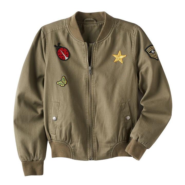 Girls 7-16 Mudd&reg; Patched Bomber Jacket, Size: 10, Dark Green