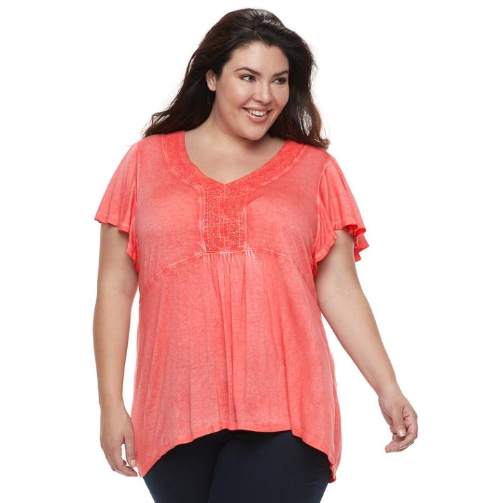 Plus Size World Unity Crochet-trim Flutter Top, Women's, Size: 2xl, Med Orange