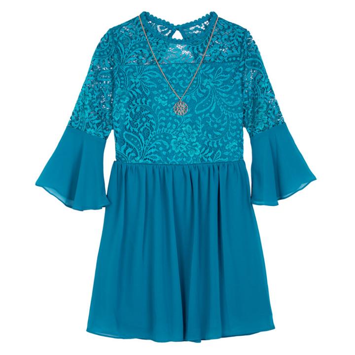 Girls 7-16 Iz Amy Byer Lace Bodice Bell Sleeve Dress With Necklace, Size: 16, Med Green