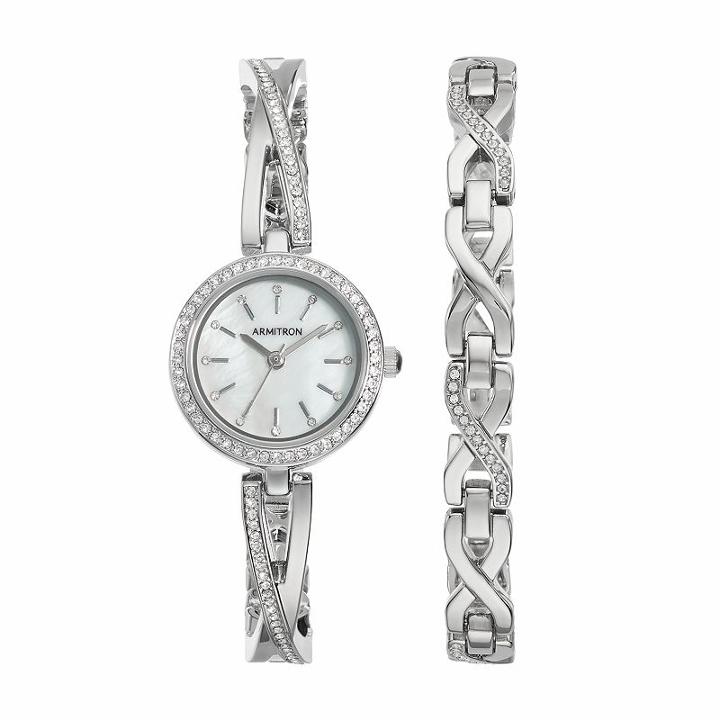 Armitron Women's Crystal Stainless Steel Watch & Bracelet Set - 75/5486mpsvst, Grey