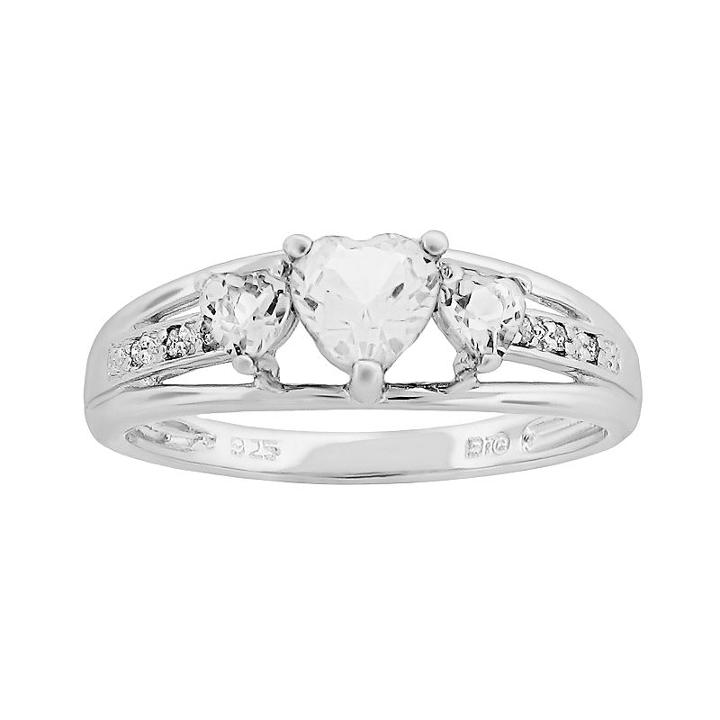Sterling Silver White Topaz And Diamond Accent Heart 3-stone Ring, Women's, Size: 6