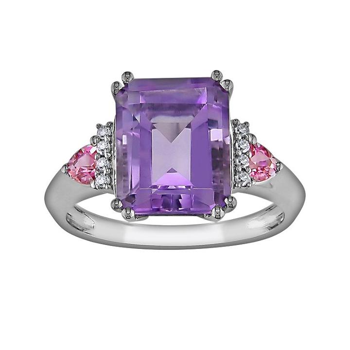 10k White Gold Amethyst, Pink Sapphire And Diamond Accent Ring, Women's, Size: 5, Purple