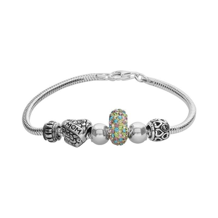 Individuality Beads Sterling Silver Snake Chain Bracelet And Crystal Mom Heart Bead Set, Women's, Grey