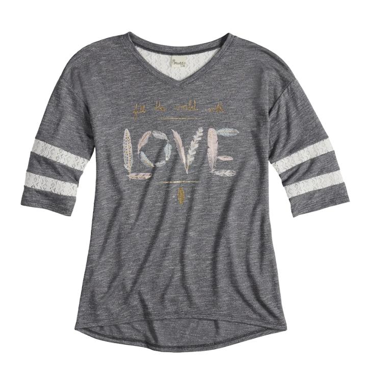 Girls 7-16 Mudd&reg; Crochet Striped Sleeve Varsity Tee, Size: 10, Grey (charcoal)