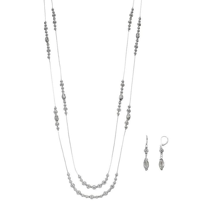 Napier Beaded Long Double Strand Necklace & Drop Earring Set, Women's, Silver
