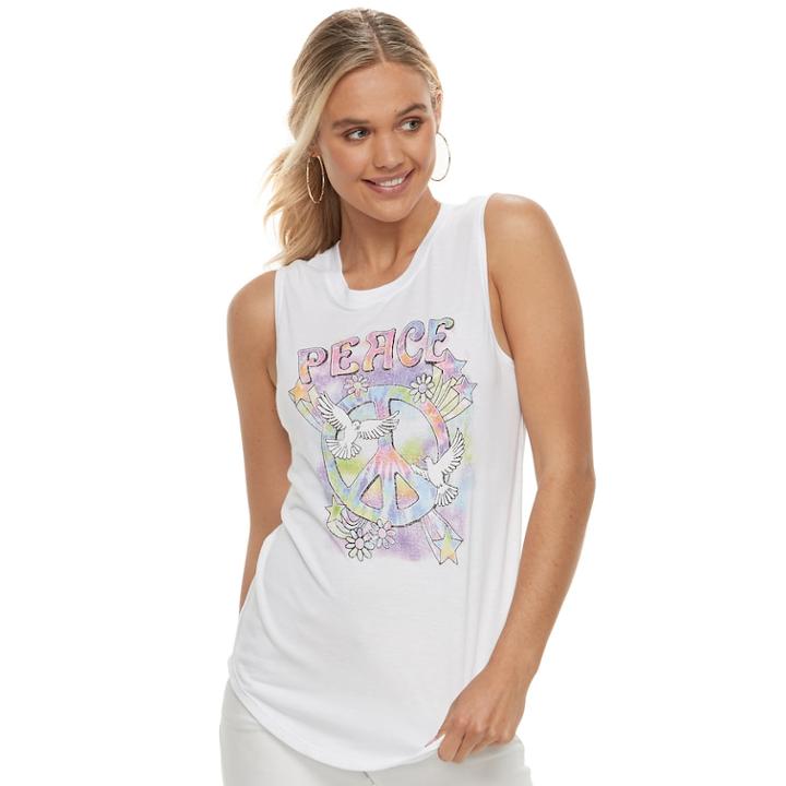 Juniors' Shirttail Hem Peace Graphic Tank, Teens, Size: Xl, White