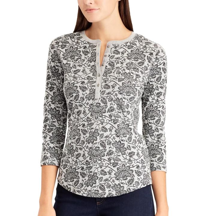 Women's Pocket Cotton Henley, Size: Xl, Grey