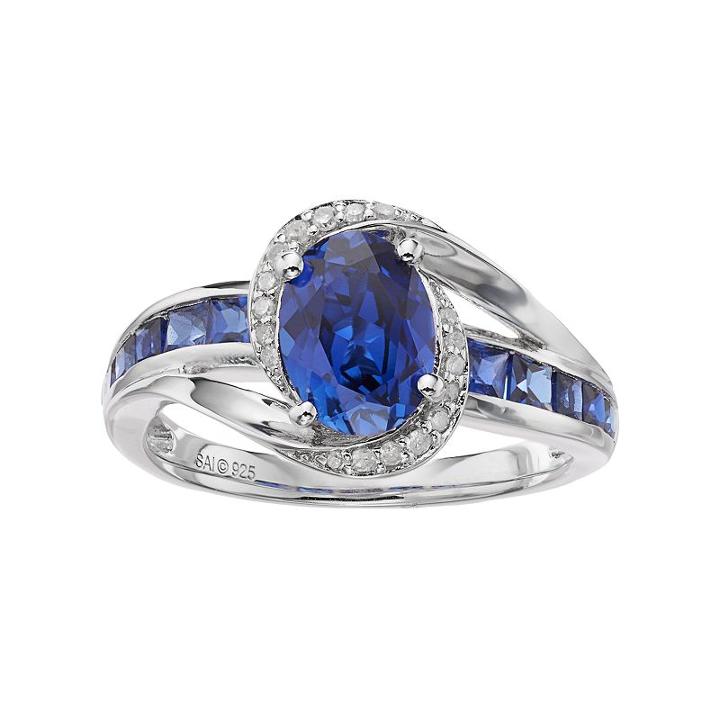 Sterling Silver Lab-created Ceylon Sapphire & Diamond Accent Halo Ring, Women's, Size: 5, Blue